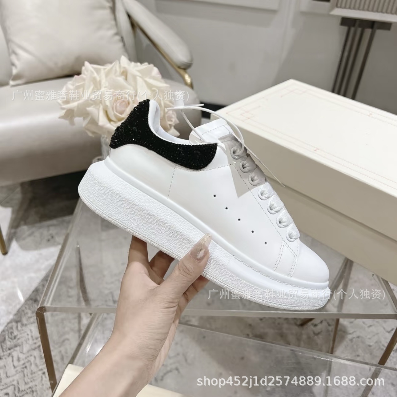 Rhinestone-embellished mcqueen white sneakers: genuine leather upper, rhinestone detailing, chunky platform sole, height-boosting, unisex, comfortable, and versatile
