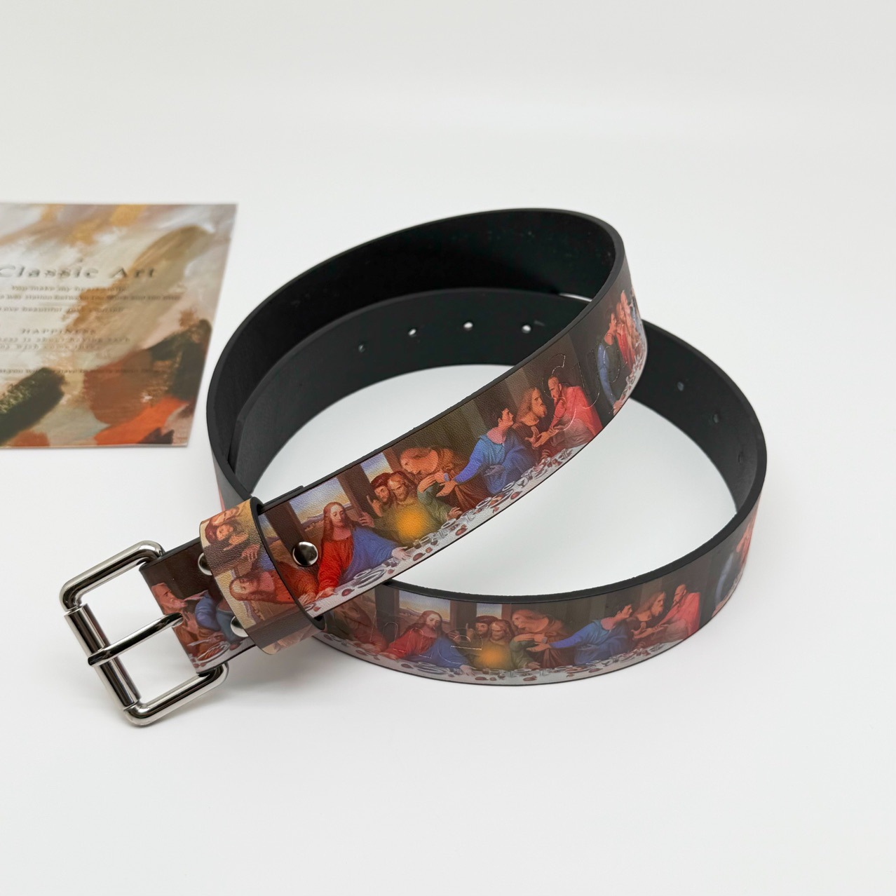 Trendy oil painting belt – the last supper, vintage style, high street leather belt, fashionable belt for men and women