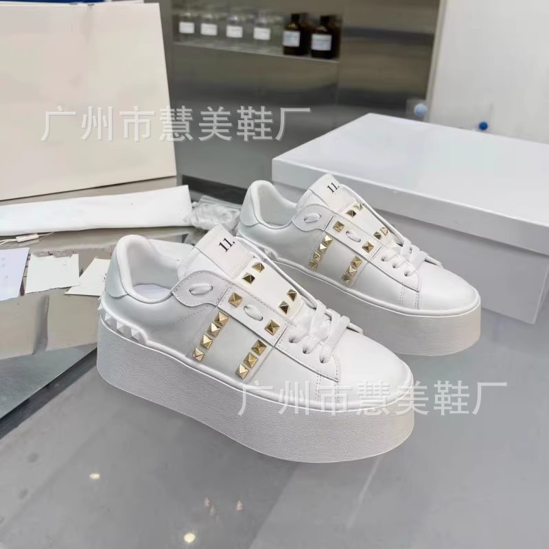 2025 spring new arrival: studded white sneakers for women – petite-friendly platform shoes with chunky soles 6cm – trendy lace-up skate shoes