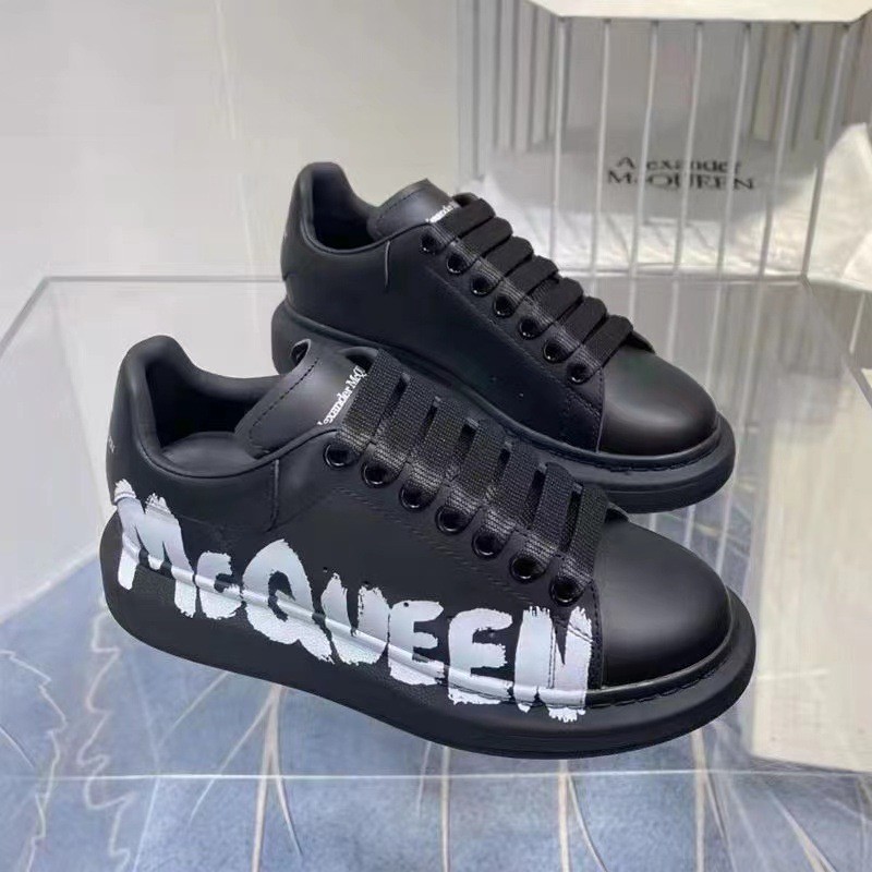 High-end 3d printed silver logo mcqueen white sneakers – unisex platform sneakers with hidden wedge heel – chunky sole couple’s shoes