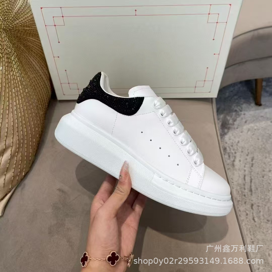Mcqueen white shoes women’s tail inlaid with diamonds 2025 new style genuine leather thick soleplatform shoes sports casual shoes