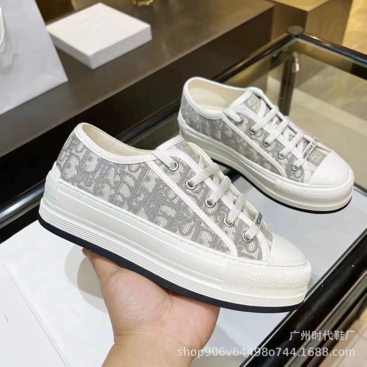 D’s embroidered canvas sneakers for women, 2024 new trendy lace-up white sneakers, chunky sole hidden heel casual athletic shoes