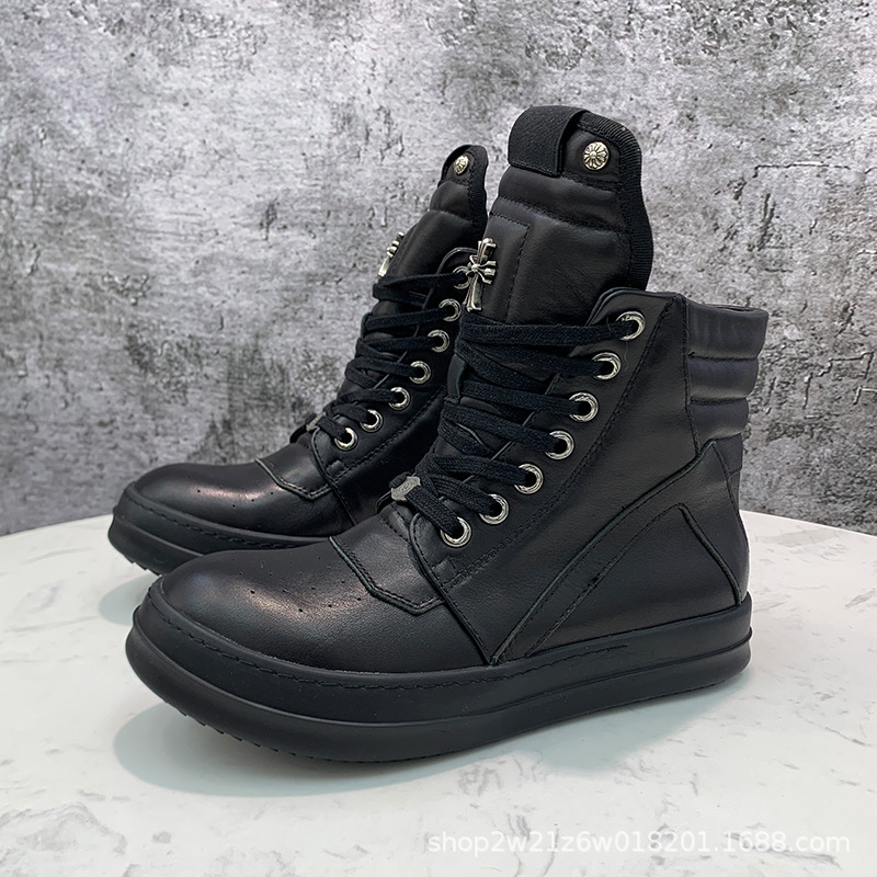 Ro inverted triangle genuine leather thick sole large tongue high-top shoes for men and women same style couple dark high street casual sneakers boots