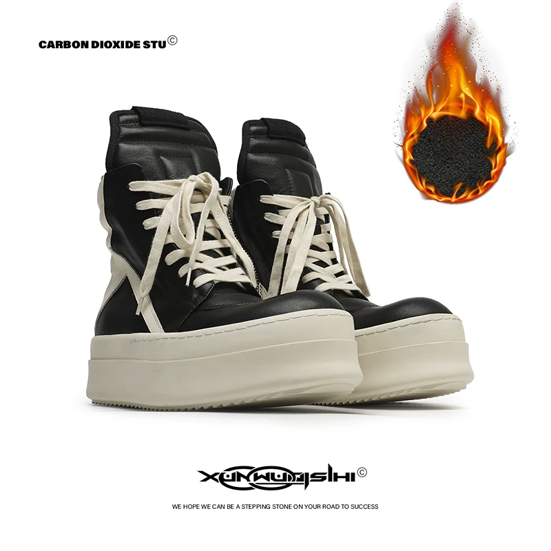 Spring men’s and women’s black and white double-layer thick sole inverted triangle high-top shoes men’s high street casual sneakers height increasing shoes boots